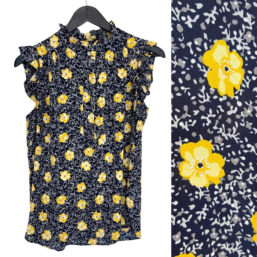 LOFT Yellow Floral Short Ruffle Sleeve Blouse - Size S